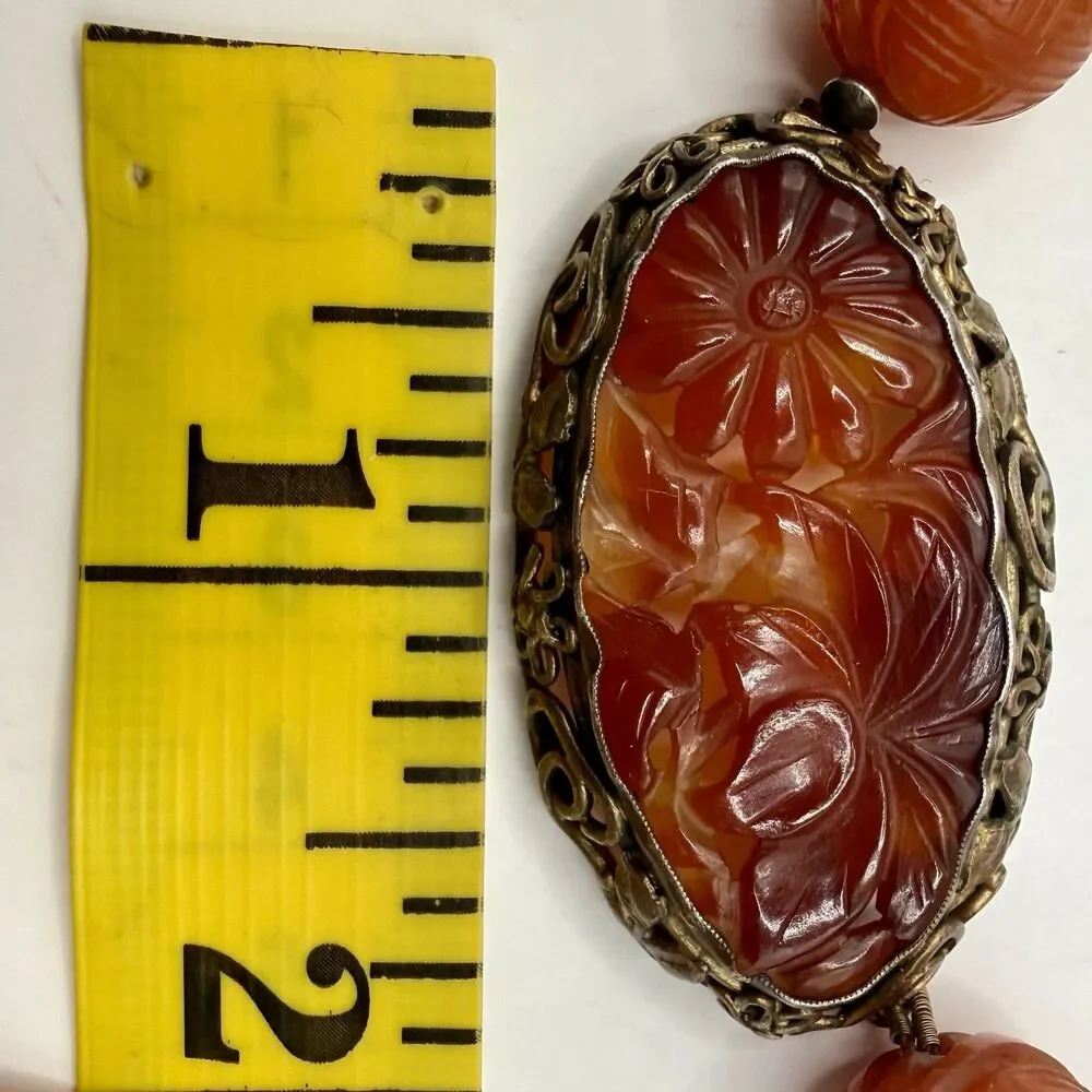 Vintage Chinese Carved Carnelian Sterling Silver Filigree Art Deco Bead Necklace
